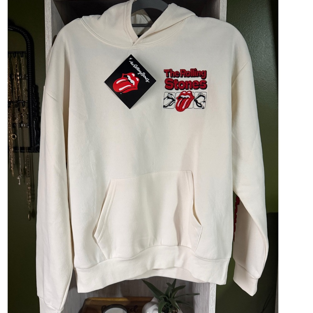 . The Rolling Stones Women’s/Men’s Cream Tongue Graphic Long Sleeve Hoodie - Picture 2 of 8